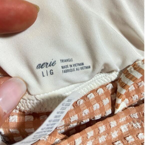 Aerie Gingham Ruffle Seersucker Triangle Bikini Swimsuit Top Raw Sienna Large - Picture 5 of 6